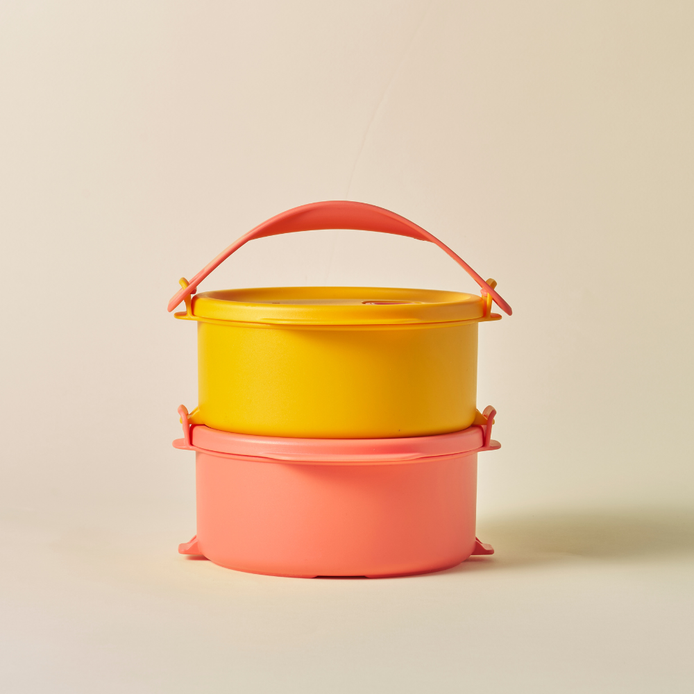 원형 클릭 렌지 도시락 2P-노랑&다홍 (+에코 휴대용 수저 세트 핫핑크 증정)